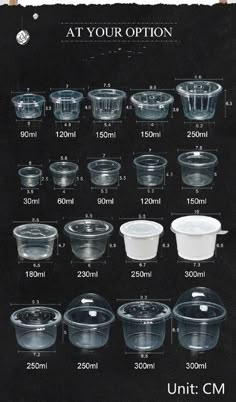 a poster showing different types of plastic cups and bowls on a black background with the words at your option