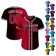 Gradient Custom Baseball Jersey is a stylish and functional piece that ensuring a comfortable fit for groups, individuals, couples, teams, or anyone who loves Baseball fashionable and sporty vibe. From casual outings to intense gameplay, this baseball jersey always guarantees both style and performance. If you have any other design ideas, or any changes to the jersey details, simply share an image and we will create a visual representation for you to confirm. ⚾FEATURES - Personalized with your c Breathable Collegiate Tops For College, Customizable Sporty Tops For Sports, Sporty Tops With Custom Logo For Sports, Red Jersey For Baseball Season With Team Spirit, Red College Jersey For Baseball Season, Red Baseball Season Jersey With Team Spirit, Red Jersey For College Team Spirit, Red Jersey With Baseball Collar For Sports Events, Casual Red Jersey For Sports Events