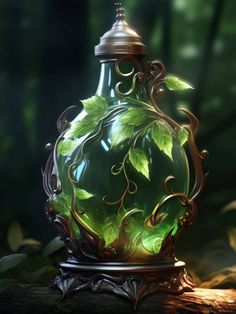 a glass jar with green leaves on it