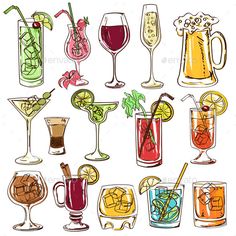 different kinds of drinks in glasses on a white background stock photo, royalty and illustration