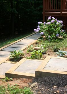 a garden with various plants and flowers in the ground next to a wooden decking area