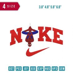 the nike logo is shown in red, white and blue with a spider hanging from it