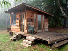 several pictures of small wooden cabins in the woods