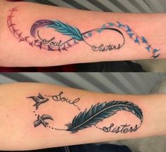 two tattoos that say sisters and one has a feather on the side of their arm