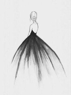 a black and white drawing of a woman in a dress with her back to the camera