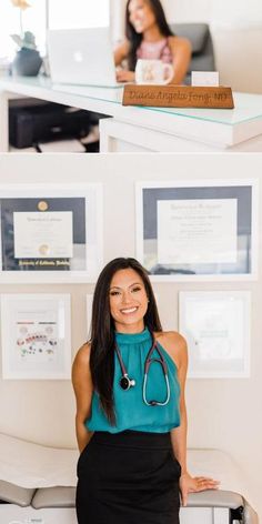 a woman with a stethoscope standing in front of a desk and smiling at the camera