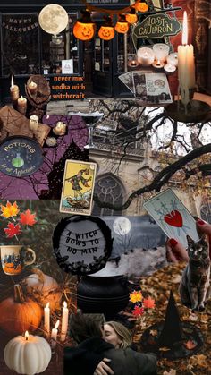 a collage of halloween images with pumpkins, candles and other things in the background