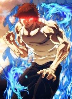 an anime character with red eyes and his arms spread out in front of blue flames