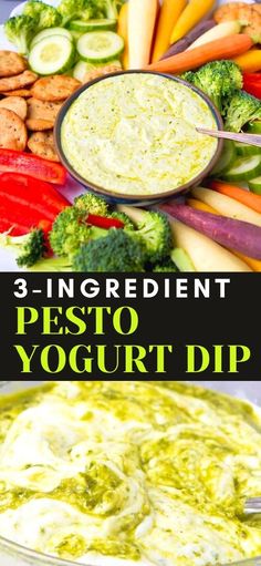 3 ingredient pesto yogurt dip with broccoli, carrots and cucumbers