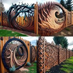 three different views of a wooden fence with intricate designs on the top and bottom panels