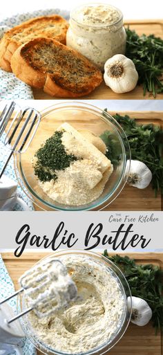 garlic butter in a glass bowl with bread on the side and an image of garlic being spread over it