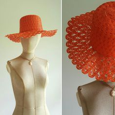 Absolutely darling vintage hat in crushproof woven plastic features a lacy weave and bright pop of bright orange -- and is so detailed it looks just like raffia! Excellent condition. Perfect with everything from swimwear to dresses. Era: 1960s/1970s Head circumference of mannequin: about 21 inches Lightweight Straw Hat For Spring Beachwear, Adjustable Summer Sun Hat In Orange, Adjustable Orange Sun Hat For Summer, Adjustable Orange Summer Sun Hat, Casual Orange Straw Hat For Spring, Summer Orange Adjustable Sun Hat, Red Brimmed Crochet Hat For Summer, Orange Brimmed Sun Hat For Summer, Orange Sun Hat For Summer