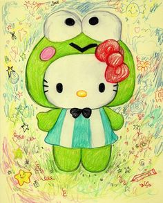 a drawing of a hello kitty holding a teddy bear