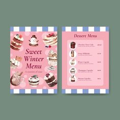 the dessert menu is displayed in pink and blue