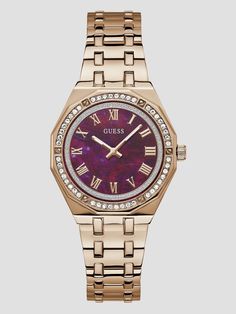 Rose gold-tone and purple analog watch Iridescent purple radial dial Dodecagon-shaped bezel encrusted with rhinestones Roman numeral hour markers Polished stainless steel link bracelet Deployment buckle closure Case diameter in mm: 36 Water resistant up to 50m/ 160 ft 2 year limited warranty Iridescent Purple, Dope Jewelry, Roman Numeral, Analog Watch, Polished Stainless Steel, Real Housewives, Roman Numerals, Silver Watch, Accessories Watches