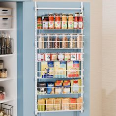 the pantry shelving is organized with various items