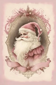 an old fashioned christmas card with santa claus on it's face and pink ribbon