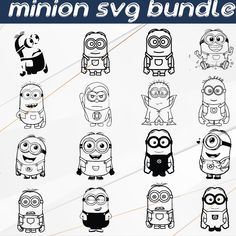 the minion svg bundle is shown in black and white, with different characters