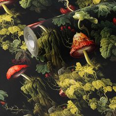 an image of mushrooms and other plants on a black background with red, yellow, green, and white colors