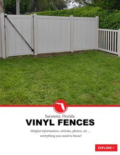 an advertisement for vinyl fences in front of a white fence with red trimmings