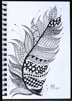 a black and white drawing of a feather with geometric designs on it's side