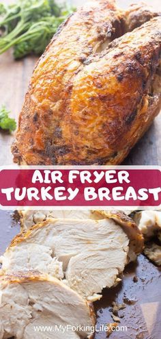 air fryer turkey breast on a cutting board with broccoli