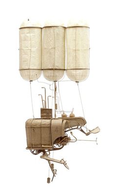 an old fashioned steam powered balloon flying through the air with three lamps on it's side