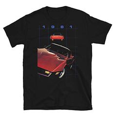 a black t - shirt with an image of two cars on the front and back