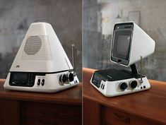 two photographs of an electronic device sitting on top of a wooden table next to each other