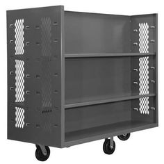 a gray metal shelf with four shelves on casteors and two wheels, one is empty