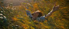 a woman laying in tall grass with her arms outstretched