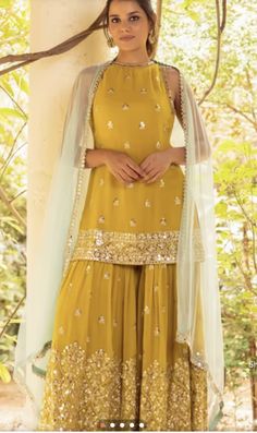 Yellow Sharara, Green Sharara, Haldi Outfits, Sharara Suit, Sharara Set, Kurta With Pants, Sequins Embroidery, Silk Organza, Embroidered Jacket