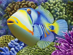 a painting of a blue and yellow fish in the ocean with corals around it