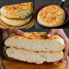 there are pictures of different types of breads in this photo, and one is being sliced