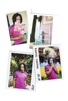 four polaroid photos of women in pink shirts and flowers, one with her hand on her face