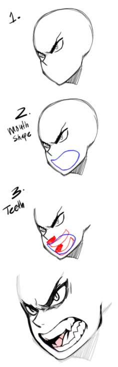 an animation character's face is shown in three different stages, including the nose and mouth