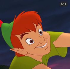 a cartoon character with red hair and green shirt pointing to the sky at something in front of him