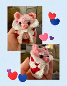 there is a small crocheted animal that looks like a mouse with hearts around it