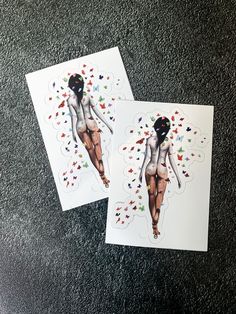 two greeting cards with an image of a woman's body and butterflies on them