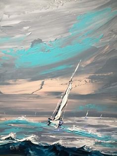 a painting of a sailboat in the ocean with blue and white clouds above it