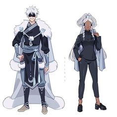 two anime characters are dressed in black and white outfits, one is wearing a fur coat