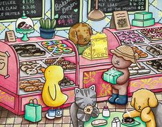 a painting of people at a donut shop with teddy bears and other items on the counter