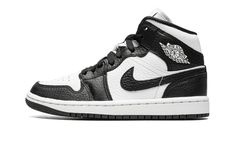 The Women’s Air Jordan 1 Mid “Split Black and White” is a women’s-exclusive colorway with a mismatched design.  As its name implies, the “Split Black and White” Jordan 1 Mid features a split appearance that inverses the shoe’s black-and-white color block on each side.  The lateral side of the shoe features a white tumbled leather base with contrasting black leather overlays and Swoosh branding.  The medial side reverses the color block, with a black leather base with white leather overlays and S Jordan 1 Mid Split, Jordan 1 Mid Women, Womens Air Jordan 1, Black And White Jordans, Black White Jordans, Black White Shoes, Study Hacks, Black Color Combination, Jordan Model