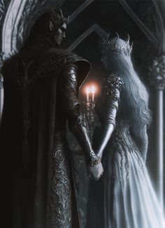 a man and woman dressed in medieval clothing holding hands while standing next to each other