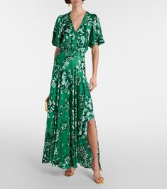 Mabelle satin midi dress in green - Poupette St Barth | Mytheresa V-neck Rayon Maxi Dress For Garden Party, Silk Midi Dress With Floral Print, Chic Silk Midi Dress With Floral Print, Spring Satin Maxi Dress With Short Sleeves, Silk Midi Dress For Garden Party, Silk Floral Print Midi Dress For Evening, Green Silk Short Sleeve Maxi Dress, Green Silk Maxi Dress With Short Sleeves, Green Silk Short Sleeve Midi Dress