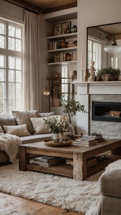 a living room filled with furniture and a fire place in front of a mirror on the wall