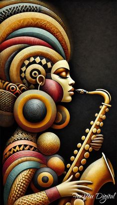 a painting of a woman playing a saxophone with colorful shapes and colors on her face