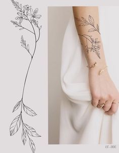 a woman's arm with tattoos on it and the image of a plant behind her