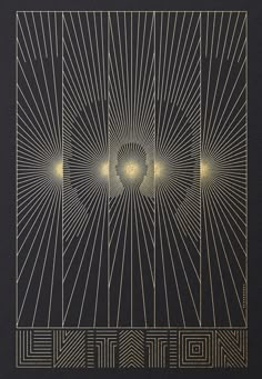 an art work with gold lines and circles on a black background in the shape of a sunburst