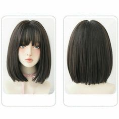 Headgear Fashion, Air Bangs, Short Straight Bob, Cool Brown, Bangs Wig, Long Hair Wigs